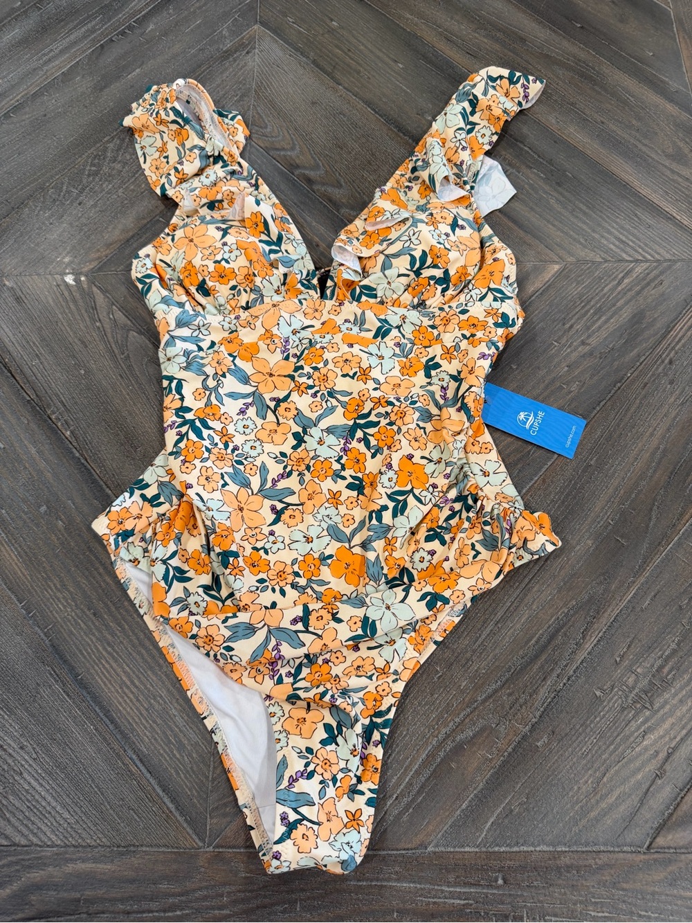 Cupshe Orange Floral Ruffle One-Piece Swimsuit